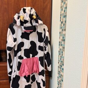 Tipsy Elves Cow Print Hooded Onesie with Pink Accents